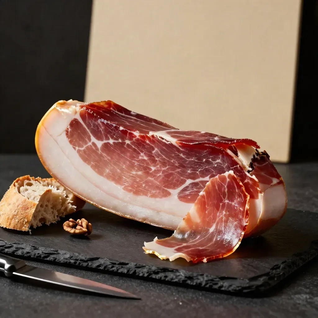 Trancio di Prosciutto di Parma con pane neutro su fondo scuro, luce radente e ombre morbide.