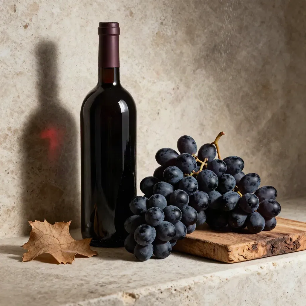Bottiglia scura di Chianti con uva nera, foglia secca e legno grezzo in luce radente.
