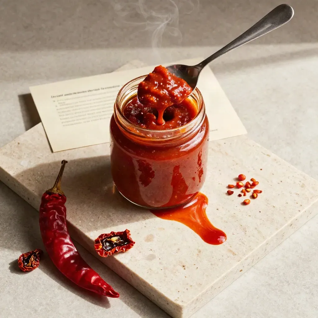 Vaso di sugo all’arrabbiata con peperoncini e salsa rossa su pietra chiara, vista dall’alto