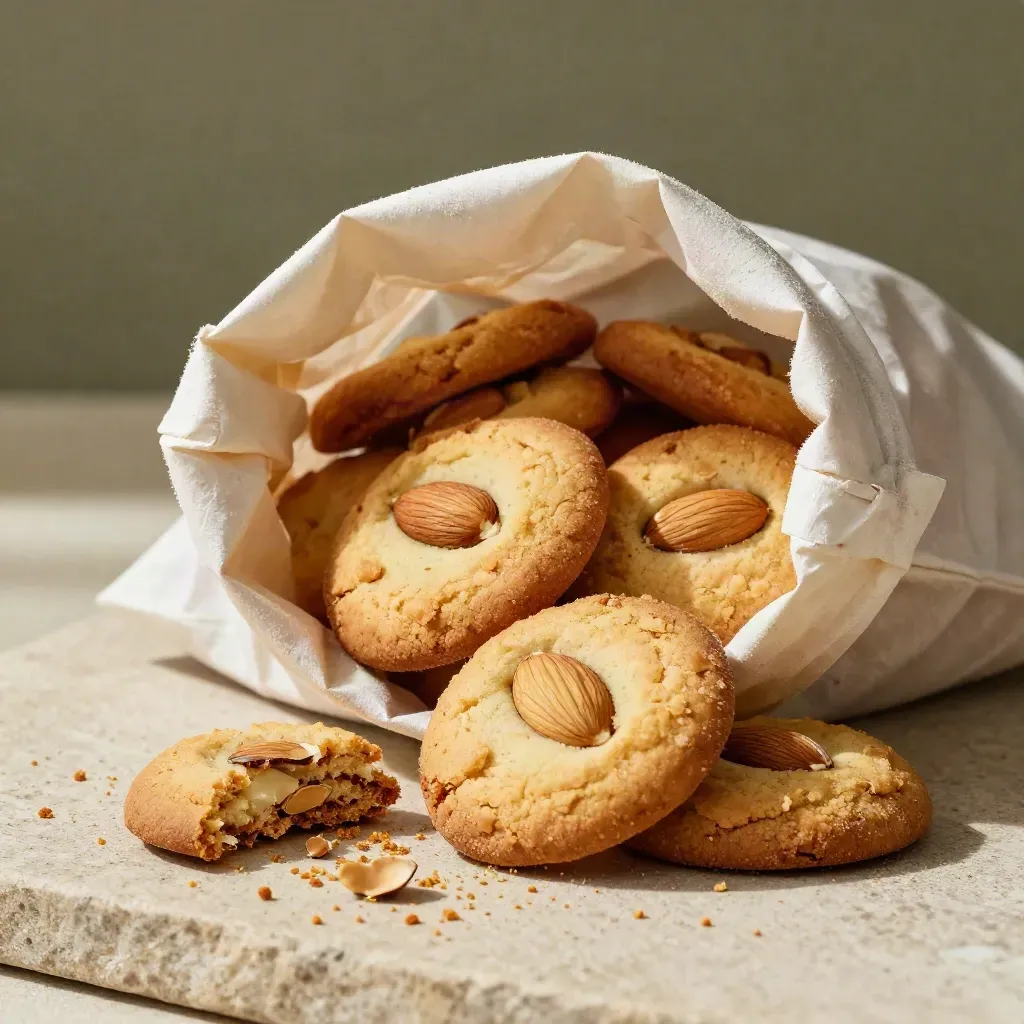 Sacchetto aperto di biscotti alle mandorle con briciole e mandorle su piano chiaro.