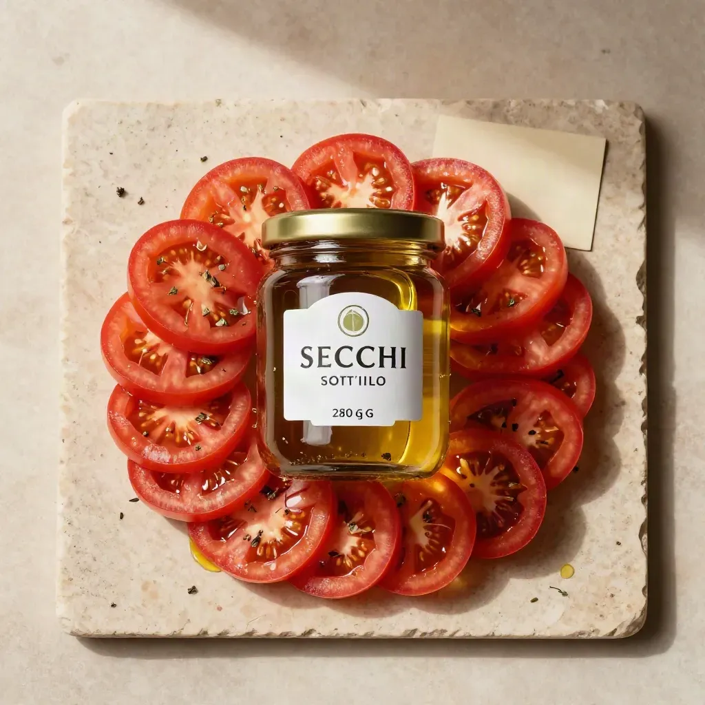 Vaso di pomodori secchi sott’olio con fettine lucide e erbe secche, vista dall’alto.