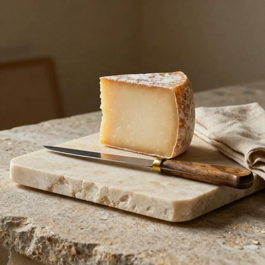 Ruota di formaggio, coltello rustico e lino su lastra di pietra calcarea illuminata dal sole.